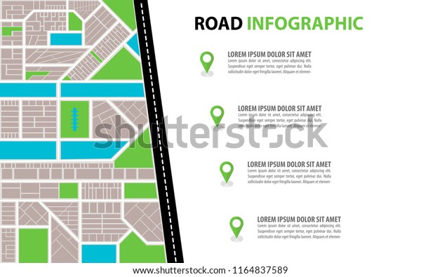 Vector Infographic with a road from a\
Perspective city map with markers, pin in a\
map