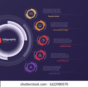 Vector infographic round chart template on a deep blue background. Five options.