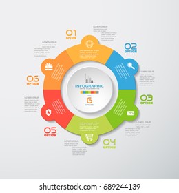 Vector infographic of round color forms cut from paper with shadows, text and icons on the gradient gray background. Can be use for business, education, presentation.