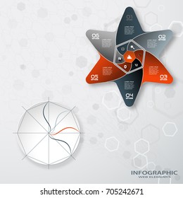 Vector infographic of round form and color star with 6 rays cut from paper with shadows, icons with long shadows on the gradient gray background with hexagon pattern.