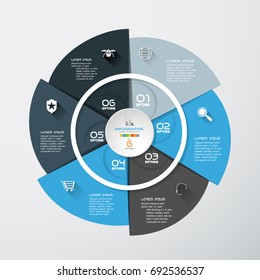 Vector infographic of round forms and color segments cut from paper with text and white icons with long shadows on the gradient gray background.