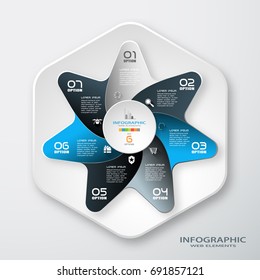 Vector infographic of round, hexagon form and color star with 7 rays cut from paper, shadows, icons with long shadows and text on the gradient gray background.
