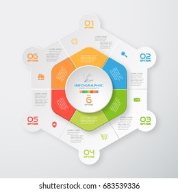 Vector infographic of round and  hexagonal shapes cut from paper with shadows, gray text, color numbers and white icons on the gradient gray background. Can be use for business and education.