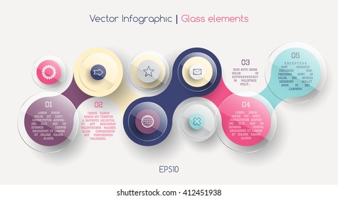 Vector infographic scheme with colorful circles connected and glass elements, data display concept with text, bright colors