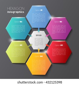 Vector infographic scheme with colorful hexagons, polygonal infographics on dark background