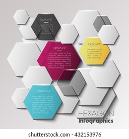 Vector infographic scheme with colorful hexagons, polygonal infographics, hexagon background
