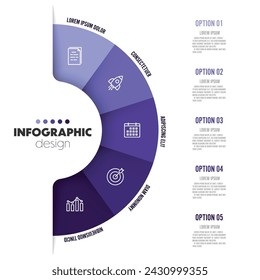 Vector infographic semi circle vertical template diagrame. Business concept 5 step for presentation.