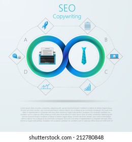 Vector infographic for SEO or copywriting with Mobius ribbon. Blue infinity sign with silhouette SEO and copywriting signs around. Vector infographic with Mobius ribbon and place for your text.