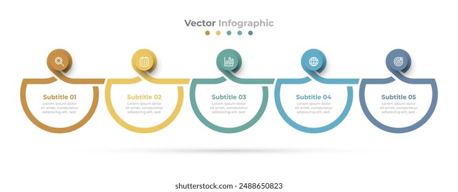 Vector infographic with a sequence of marketing icons and a modern design template. Timeline process with 5 steps and options.