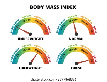 Conjunto de infografía vectorial del índice de masa corporal - calculadora de IMC aislada en blanco. Insuficiencia, normalidad, sobrepeso y obesidad. Escala de indicadores. La masa corporal dividida por el cuadrado de la altura del cuerpo.