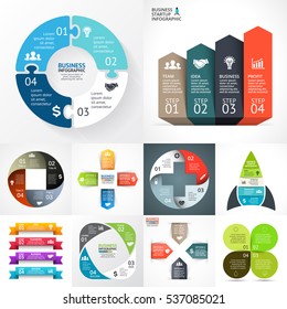 Conjunto de infografía vectorial. Diagramas de negocio, gráficos de flechas, presentaciones de inicio, gráficos de ideas. Infografía con 4 partes, pasos, proceso. Naturaleza ecológica, signo más médico, cohete de inicio, puzzle, escaleras