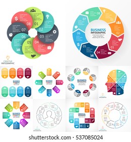 Vector infographic set. Business diagrams, arrows graphs, startup presentations, idea charts. Infographics with 8 part, step, process. Info graphic with human head, medicine health plus symbol, labels