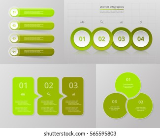 Vector infographic set. Business diagrams, round and arrows graphs, presentations and charts. Data infographics with 3 and 4 options, parts, steps, cycle processes.