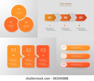 Vector infographic set. Business diagrams, round and arrows graphs, presentations and charts. Data infographics with 3 options, parts, steps, cycle processes.