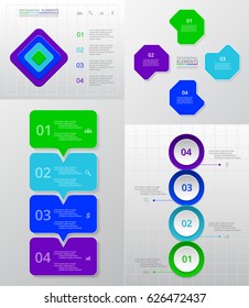 Vector infographic set. Business diagrams, round arrows graphs, puzzle presentations and charts. Data infographics with 4 options, parts, steps, cycle processes.