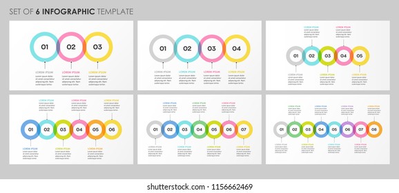 Vector Infographic set with circles and 3, 4, 5, 6, 7, 8 options or steps. Business concept. Can be used for presentations banner, workflow layout, process diagram, flow chart, info graph
