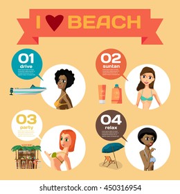 Vector Infographic set flat design about women on the beach. How do they spend their time on coast. Character girls, sunbathe, swim, leisure, favorite