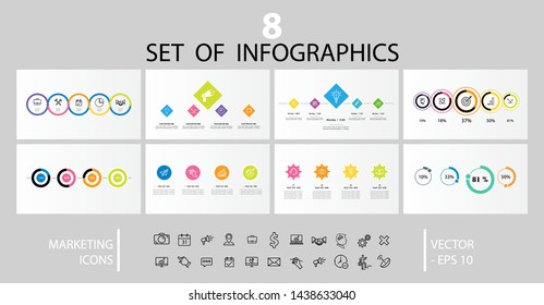 Vector of infographic. Set of icons, elements of design template. Graph of visualization of business data with marketing icons. Use for presentations, yearly reports, charts, work process mockup