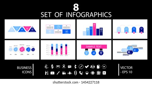 Vector of infographic. Set of icons, elements of design template. Graph of visualization of business data with marketing icons. Use for presentations, yearly reports, charts, work process mockup