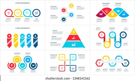 Vector infographic set with pyramid, circles, arrows and other abstract elements with 3, 4 and 5 options, steps or parts.