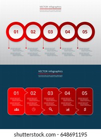 Vector infographic set. Red business diagrams, round and arrows graphs, presentations and charts. Data infographics with 5 options, parts, steps, cycle processes.
