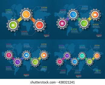 Vector infographic set of templates with gears and world map. Business and industry concept with 3 4 5 6 options, parts, steps, processes.
