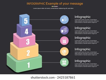 Vector infographic showing 5 layers of boxes from largest to smallest on a gray-black background.The boxes have color separation and modern style text boxes. Easy to present work in various fields.