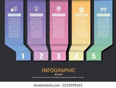 Vector infographic showing steps or sequence of 5 steps as a ribbon line or a broken path running from bottom to top on a dark gray background, used in education, finance and business.