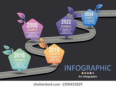 Infografía de Vector que muestra líneas de tiempo en la ocurrencia de hitos o secuencia de tiempo Es una carretera curva con un punto que indica dónde colocar las letras.