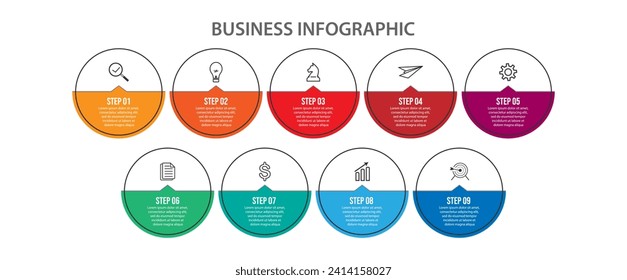 Vector Infographic simple design with 9 options or steps. thin line, Can be used for presentation banners, workflow layouts, flow charts, infographics, your business presentations