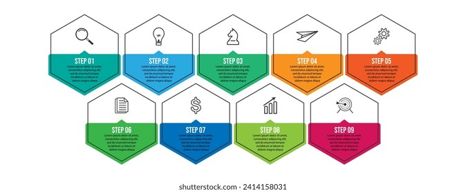 Vector Infografía de diseño simple con 9 opciones o pasos. línea delgada, se puede utilizar para banners de presentación, diseños de flujo de trabajo, diagramas de flujo, infografías, presentaciones empresariales