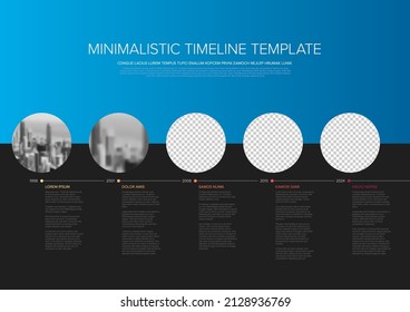 Vector Infographic simple minimalistic timeline template made from circle photo placeholders with text content - dark version with simple time line. Time line infochart with pictures in circle windows