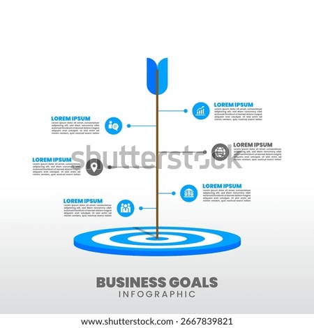 Vector infographic with single arrow hitting bullseye target, extended as a vertical 6 steps timeline. Minimalist design for planning, business goals, and career growth.