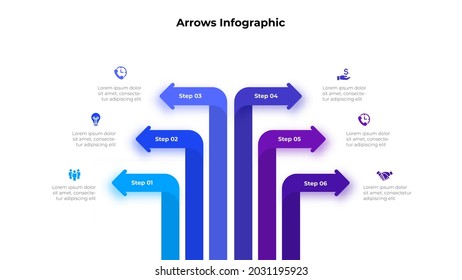 Deslizamiento de infografía vectorial con 6 flechas. Plantilla para presentación de negocios. Concepto de seis etapas de los procesos de desarrollo.