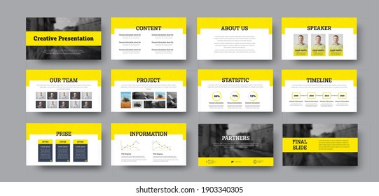 Vector Infographic Slide Presentation With Yellow Elements, For Statistics, Data Analytics And Business Information. Cover For Banner With Concept And Annual Report, Corporate Identity