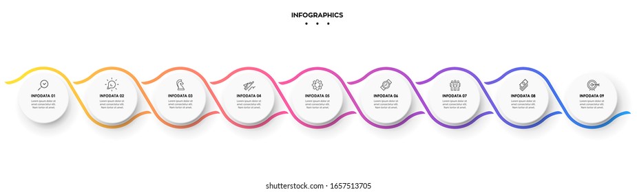Vektorillustration Infografik Spiraldesign Vorlage mit 9 Optionen oder Stufen.  Kann für Prozessdiagramm, Präsentationen, Workflow-Layout, Banner, Flussdiagramm, Infografik verwendet werden.