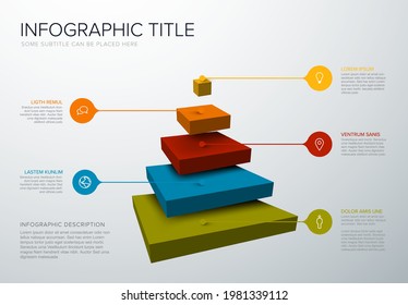 Vector Infographic Square Layers Template With Five Levels For Material Structure - Color Pyramid Template On Light Background With Droplet Pointers Icons And Description. Reverse Funnel Infographic