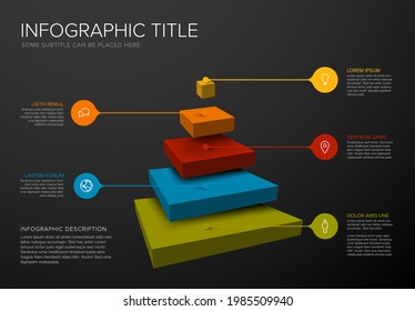 Vector Infographic Square Layers Template With Five Levels For Material Structure - Color Pyramid Template On Dark Background With Droplet Pointers Icons And Description. Reverse Funnel Infographic