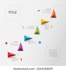 Vector Infographic stairs steps company Milestones Timeline Template with triangle pointers on a curved line with steps and color icons titles and descriptions