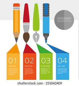 Vector infographic with stationary set in flat style, poster or landing page design. EPS 8.