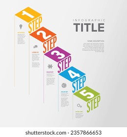 Vector Infografía de pasos plantilla de diagrama para flujo de trabajo, esquema de negocio o diagrama de procedimientos - versión ligera con iconos y textos isométricos. Pasos de progreso con descripciones de títulos e iconos