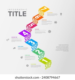 Vector Infographic steps diagram template for workflow, business schema or procedure diagram - light version with icons and isometry texts. Progress steps with titles descriptions and icons