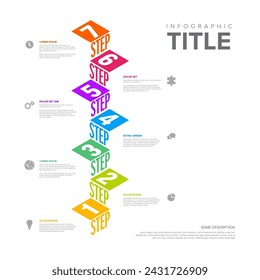 Vector Infographic steps diagram template for workflow, business schema or procedure diagram - light version with icons and isometry texts. Progress steps with titles descriptions and icons