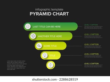 Vector Plantilla de capas de puntas infográficas con cinco niveles - plantilla de embudo piramidal de color inverso sobre fondo negro con iconos en círculos y descripciones - versión verde