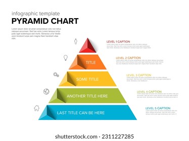 Vorlage für Vektorgrafik-Ständer mit fünf Ebenen - Pyramidenschablone auf hellem Hintergrund mit Symbolen, Dreieckspyramiden und Beschreibungen