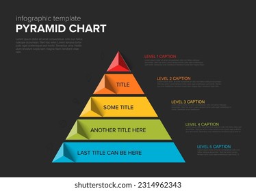 Vector Infographic stipe layers template with five levels - color pyramid template on dark gray  background with icons, triangle pyramids and descriptions