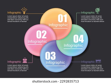 Vector infographic styled like a flower or propeller describing 4 planning steps laid out on a dark gray background with space to describe any financial education or management presentation.