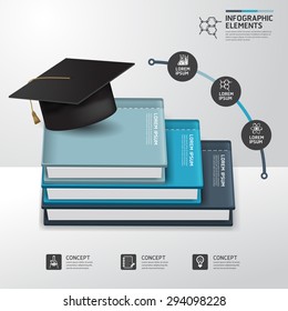 Vector infographic success education concept Row of books and graduation cap on shelf