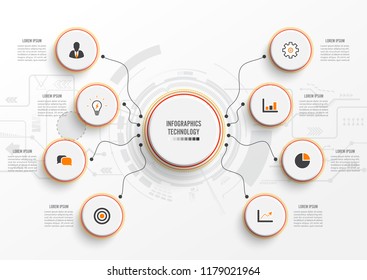 Vector infographic technology with 3D paper label, integrated circles. Business concept with 8 options. For content, diagram, flowchart, steps, parts, timeline infographics, workflow, chart.