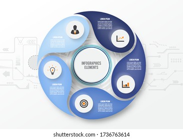 Tecnología de infografía vectorial con etiqueta de papel 3D, círculos integrados. Concepto de negocio con 5 opciones. Para contenido, diagrama, diagrama de flujo, pasos, partes, infografía de línea de tiempo, flujo de trabajo, gráfico.